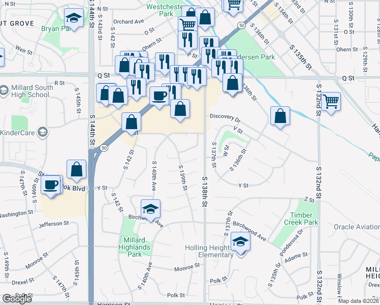 map of restaurants, bars, coffee shops, grocery stores, and more near 13865 V Street in Omaha