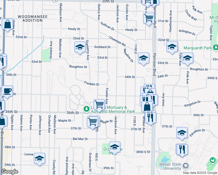 map of restaurants, bars, coffee shops, grocery stores, and more near 3456 Fowler Avenue in Ogden