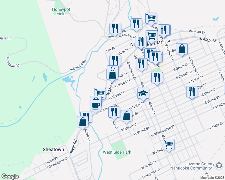 map of restaurants, bars, coffee shops, grocery stores, and more near 302 West Main Street in Nanticoke