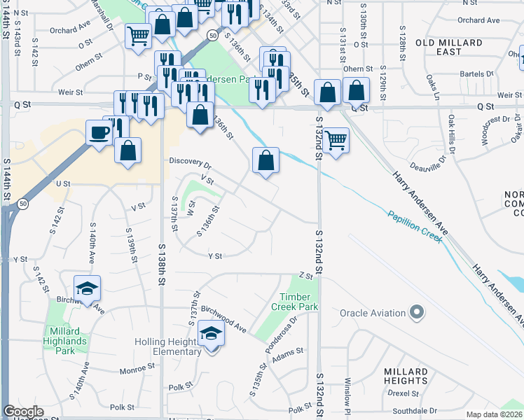 map of restaurants, bars, coffee shops, grocery stores, and more near 13520 V Cir in Omaha