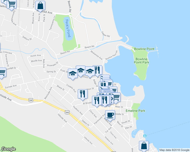 map of restaurants, bars, coffee shops, grocery stores, and more near 103 Broadway in Haverstraw
