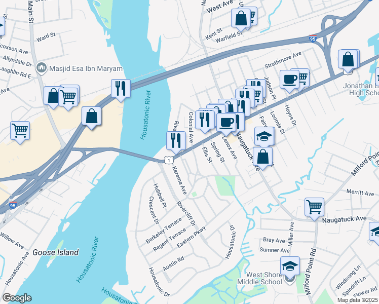map of restaurants, bars, coffee shops, grocery stores, and more near 79 Bridgeport Avenue in Milford