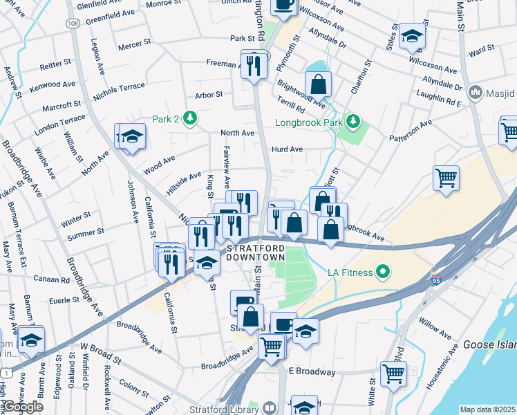 map of restaurants, bars, coffee shops, grocery stores, and more near 1075 James Street in Stratford