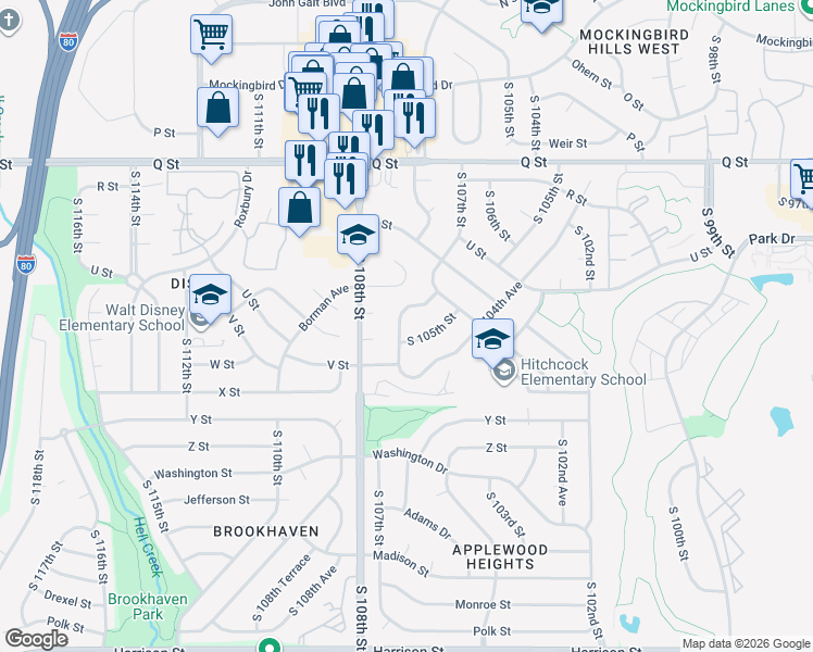 map of restaurants, bars, coffee shops, grocery stores, and more near 5837 South 107th Street in Omaha