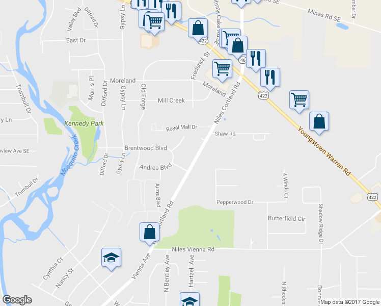 map of restaurants, bars, coffee shops, grocery stores, and more near 1370 Niles Cortland Road in Niles