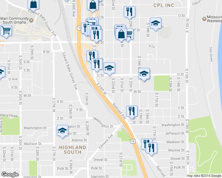 map of restaurants, bars, coffee shops, grocery stores, and more near 5642 South 22nd Street in Omaha