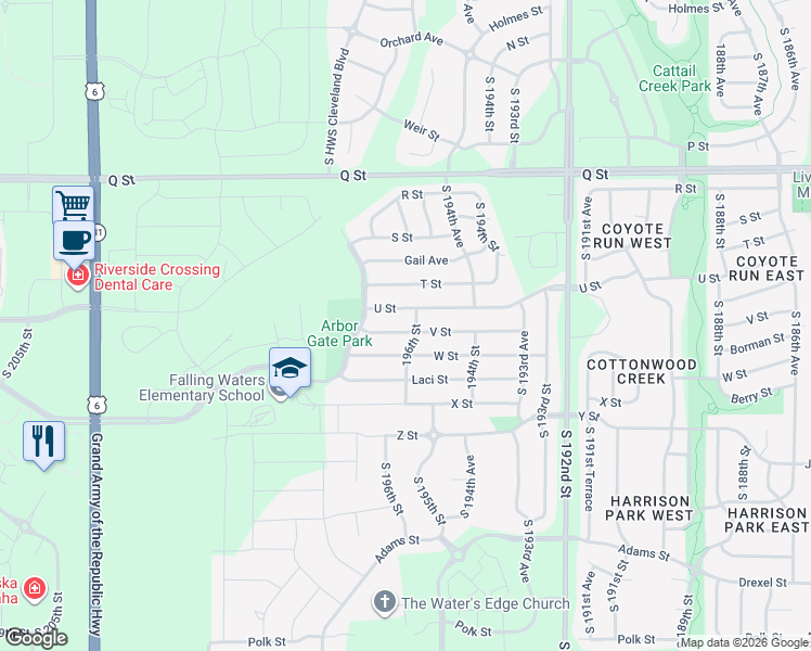 map of restaurants, bars, coffee shops, grocery stores, and more near 19608 V Street in Omaha