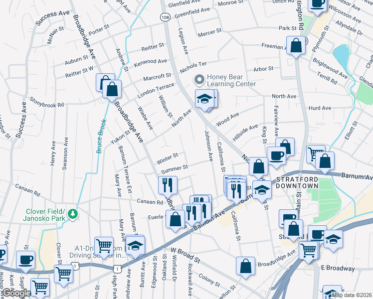 map of restaurants, bars, coffee shops, grocery stores, and more near 70 Spring Street in Stratford
