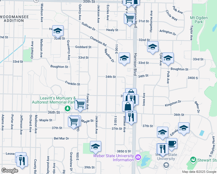 map of restaurants, bars, coffee shops, grocery stores, and more near 3452 Eccles Avenue in Ogden