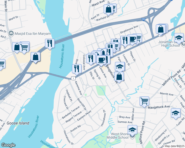 map of restaurants, bars, coffee shops, grocery stores, and more near 20 Ellis Street in Milford
