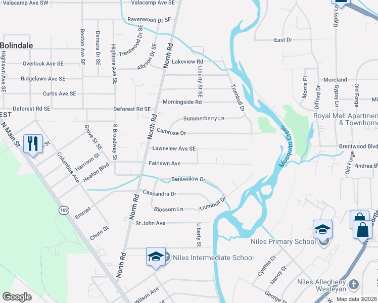 map of restaurants, bars, coffee shops, grocery stores, and more near 74 Lawnview Avenue Southeast in Niles