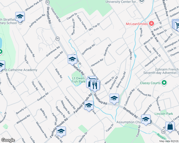 map of restaurants, bars, coffee shops, grocery stores, and more near 381 Church Hill Road in Fairfield