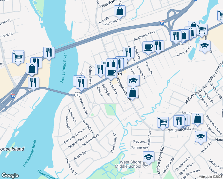 map of restaurants, bars, coffee shops, grocery stores, and more near 37 Lenox Avenue in Milford