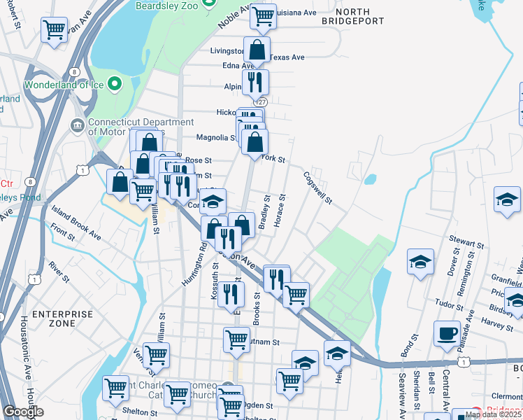 map of restaurants, bars, coffee shops, grocery stores, and more near 177 Bradley Street in Bridgeport