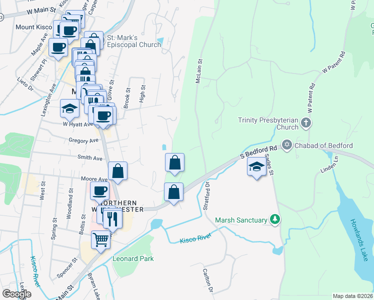 map of restaurants, bars, coffee shops, grocery stores, and more near 28 McLain Street in Mount Kisco