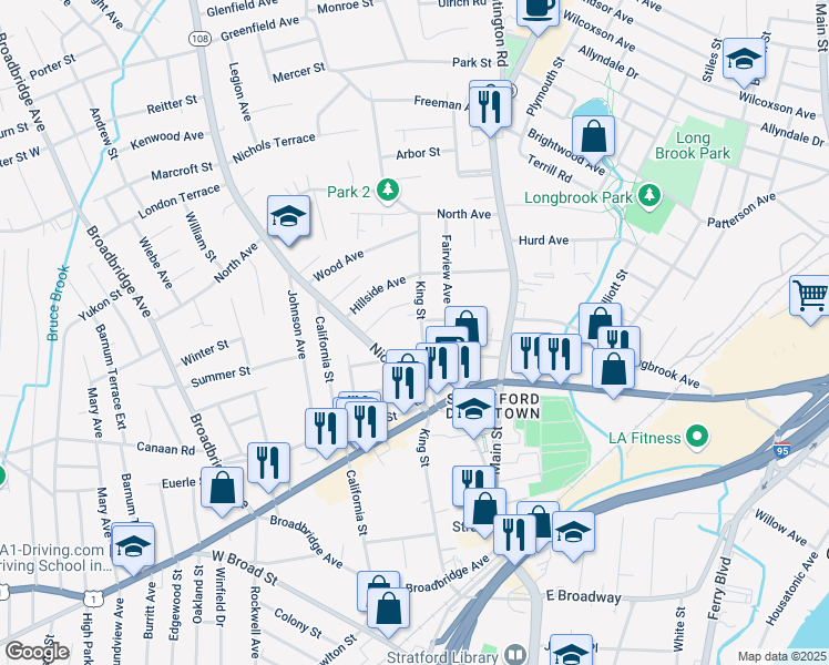 map of restaurants, bars, coffee shops, grocery stores, and more near 563 King Street in Stratford