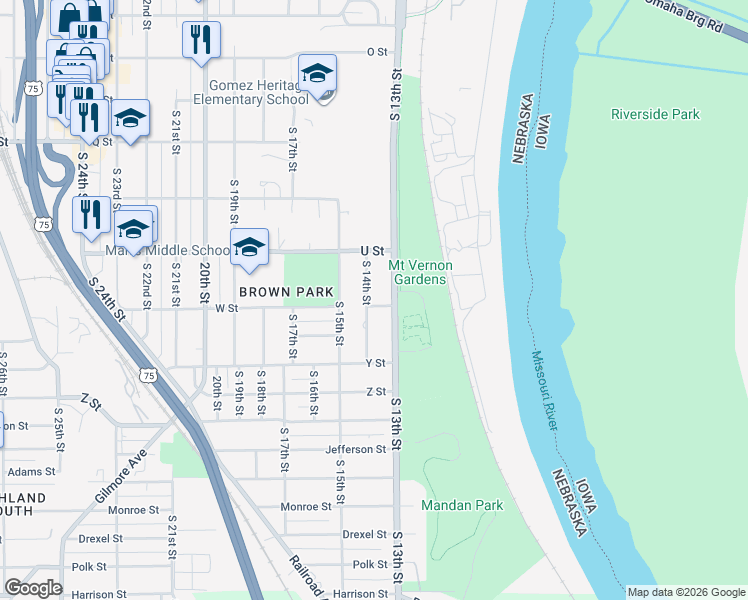 map of restaurants, bars, coffee shops, grocery stores, and more near 5760 South 13th Street in Omaha