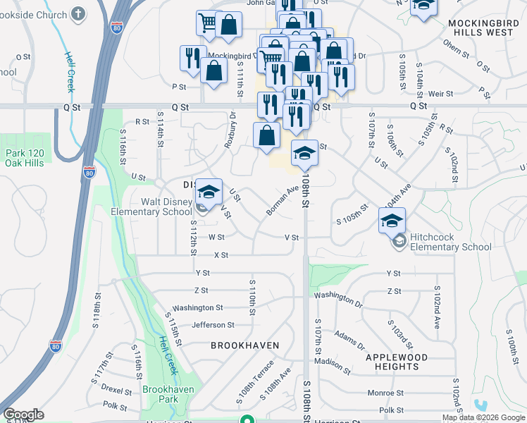 map of restaurants, bars, coffee shops, grocery stores, and more near 5508 Borman Avenue in Omaha