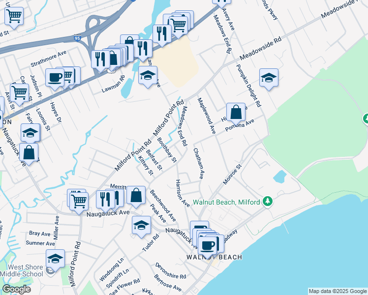 map of restaurants, bars, coffee shops, grocery stores, and more near 299 Meadows End Road in Milford