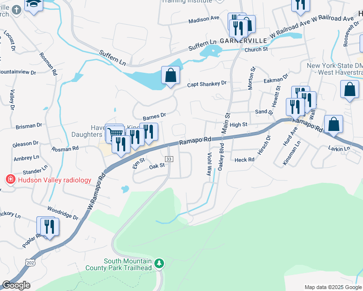 map of restaurants, bars, coffee shops, grocery stores, and more near 19 Ramapo Road in West Haverstraw