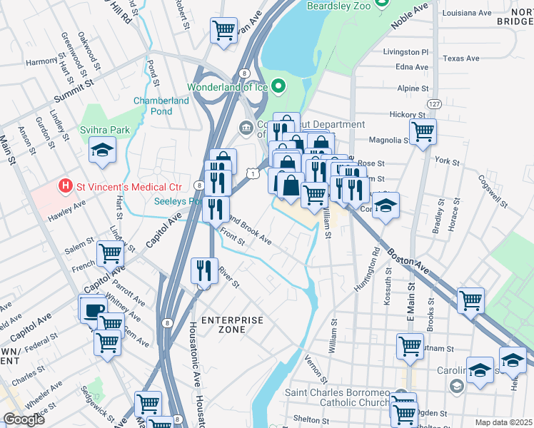 map of restaurants, bars, coffee shops, grocery stores, and more near 75 Chase Street in Bridgeport
