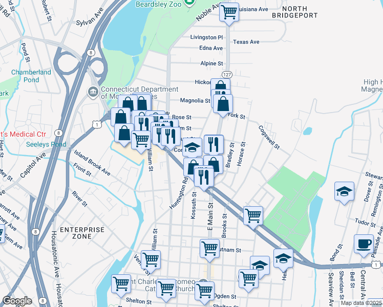 map of restaurants, bars, coffee shops, grocery stores, and more near 545 Huntington Road in Bridgeport