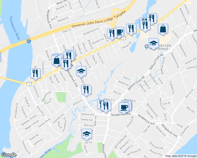 map of restaurants, bars, coffee shops, grocery stores, and more near 92 Loomis Street in Milford