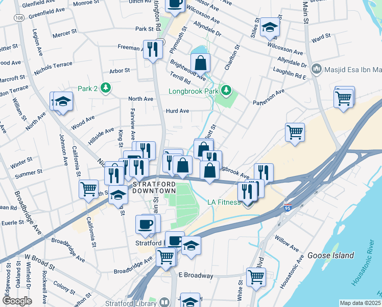 map of restaurants, bars, coffee shops, grocery stores, and more near 925 Longbrook Avenue in Stratford