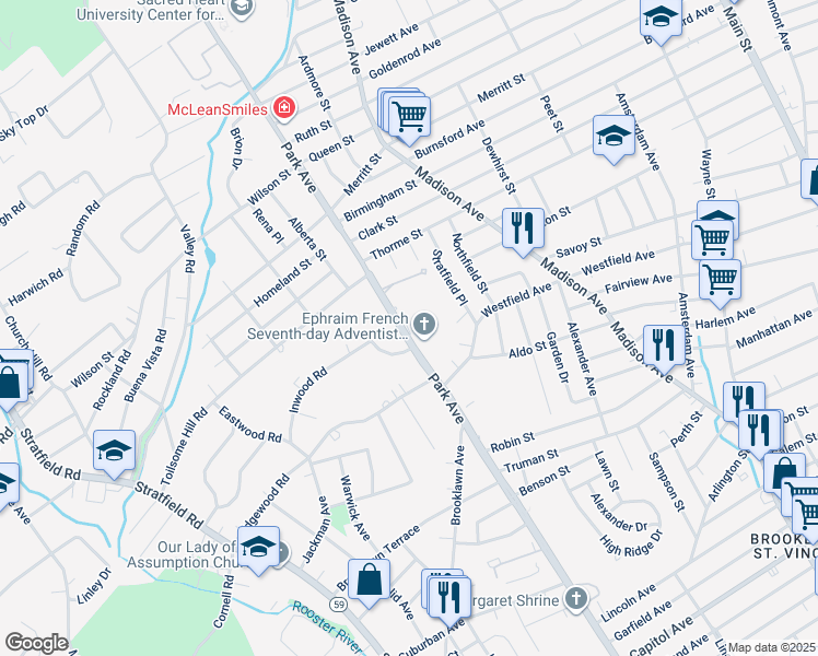 map of restaurants, bars, coffee shops, grocery stores, and more near 3160 Park Avenue in Bridgeport