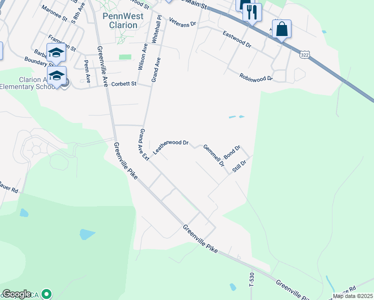 map of restaurants, bars, coffee shops, grocery stores, and more near Gemmell Drive in Clarion