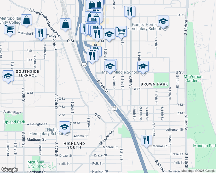 map of restaurants, bars, coffee shops, grocery stores, and more near 5642 South 22nd Street in Omaha