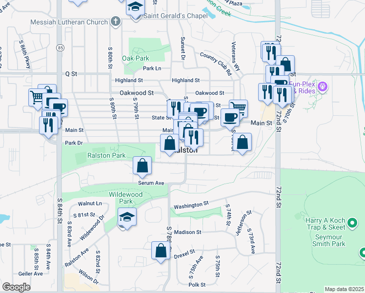 map of restaurants, bars, coffee shops, grocery stores, and more near in Ralston