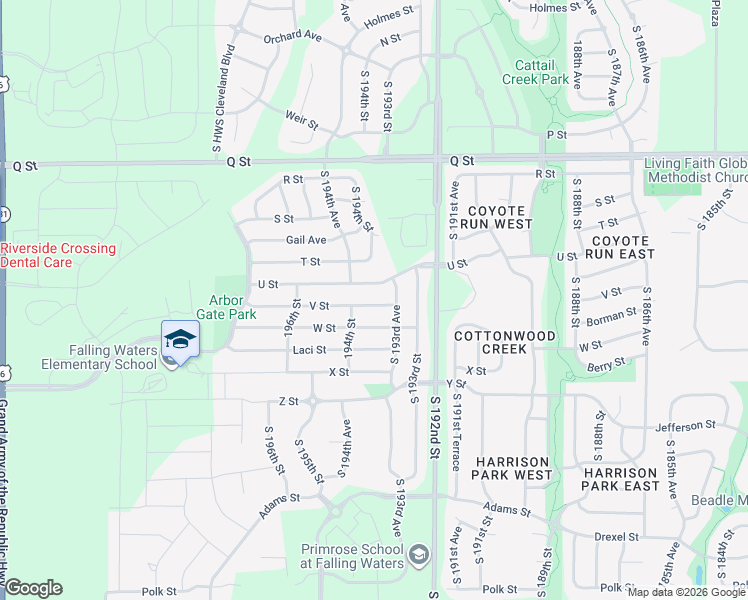 map of restaurants, bars, coffee shops, grocery stores, and more near 19382 V Street in Omaha