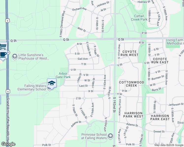 map of restaurants, bars, coffee shops, grocery stores, and more near 19382 V Street in Omaha