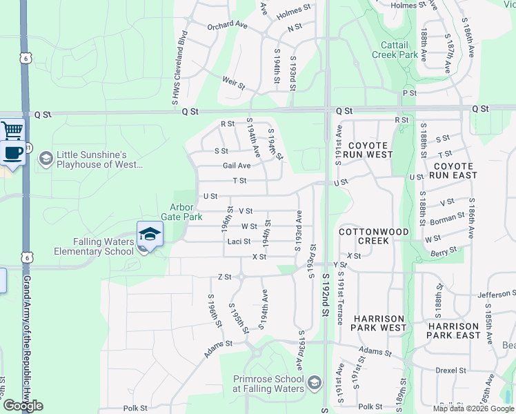 map of restaurants, bars, coffee shops, grocery stores, and more near 19426 V Street in Omaha