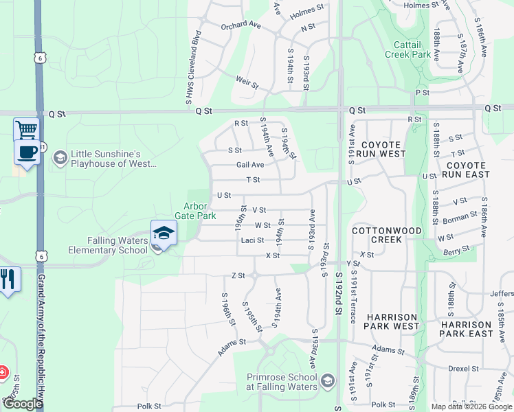 map of restaurants, bars, coffee shops, grocery stores, and more near 19426 V Street in Omaha