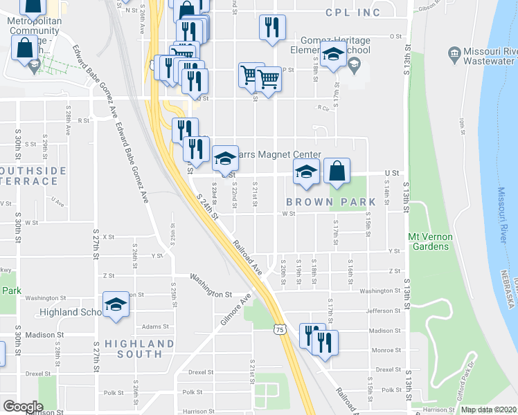 map of restaurants, bars, coffee shops, grocery stores, and more near 5641 South 21st Street in Omaha