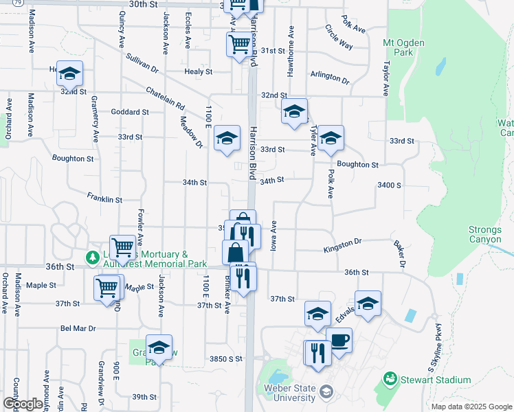 map of restaurants, bars, coffee shops, grocery stores, and more near 3450 Harrison Boulevard in Ogden