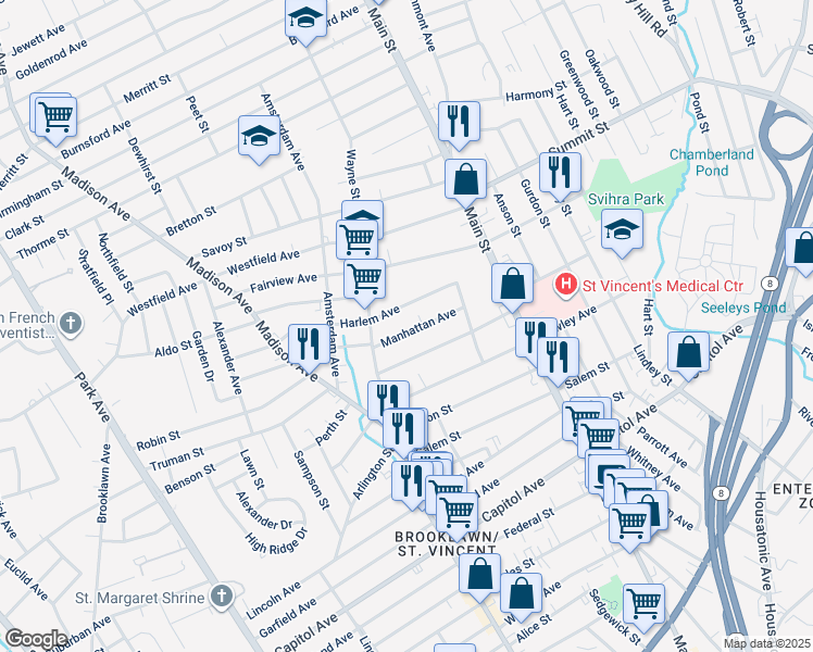 map of restaurants, bars, coffee shops, grocery stores, and more near 126 Manhattan Avenue in Bridgeport
