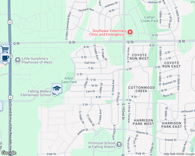map of restaurants, bars, coffee shops, grocery stores, and more near 19426 V Street in Omaha