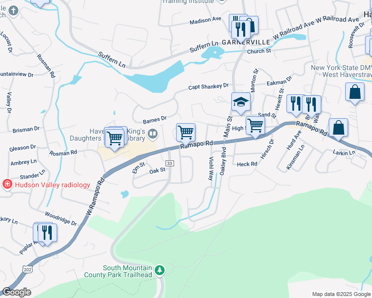 map of restaurants, bars, coffee shops, grocery stores, and more near 19 Ramapo Road in West Haverstraw