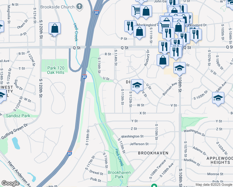 map of restaurants, bars, coffee shops, grocery stores, and more near 5637 South 114th Street in Omaha