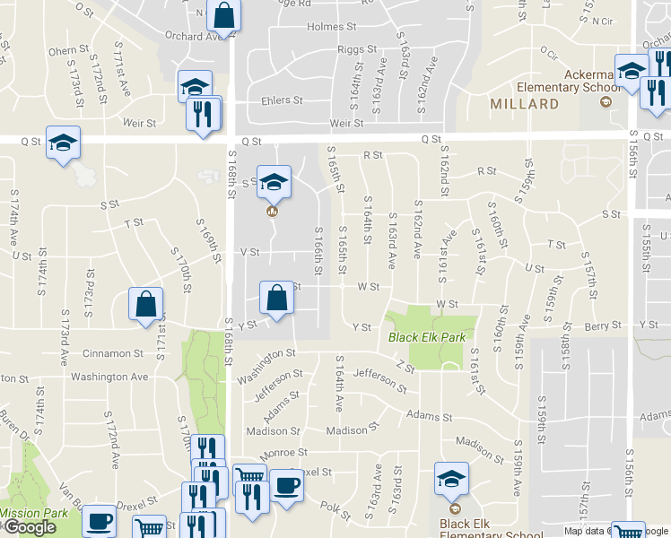 map of restaurants, bars, coffee shops, grocery stores, and more near 5708 South 165th Street in Omaha