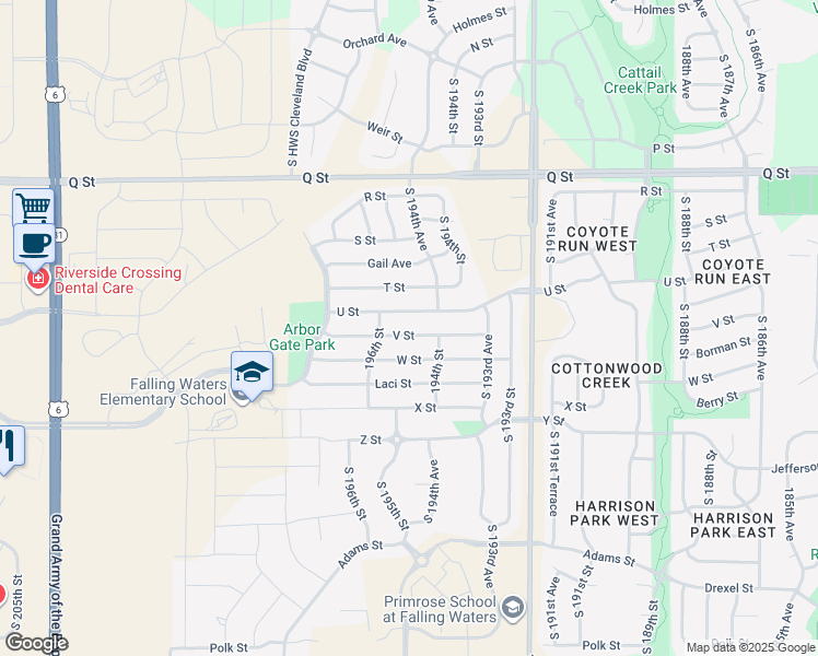 map of restaurants, bars, coffee shops, grocery stores, and more near 19426 V St in Omaha