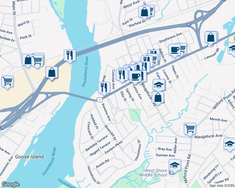 map of restaurants, bars, coffee shops, grocery stores, and more near 79 Bridgeport Avenue in Milford