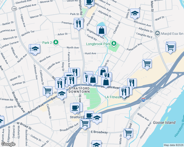 map of restaurants, bars, coffee shops, grocery stores, and more near 925 Longbrook Avenue in Stratford