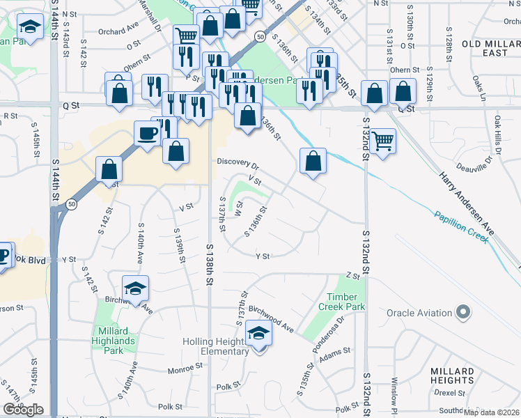 map of restaurants, bars, coffee shops, grocery stores, and more near 5806 South 136th Street in Omaha
