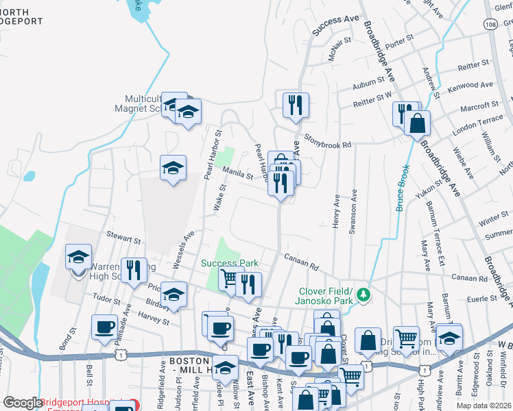 map of restaurants, bars, coffee shops, grocery stores, and more near 234 Court D in Bridgeport