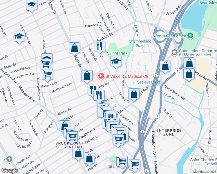 map of restaurants, bars, coffee shops, grocery stores, and more near 135 Gurdon Street in Bridgeport