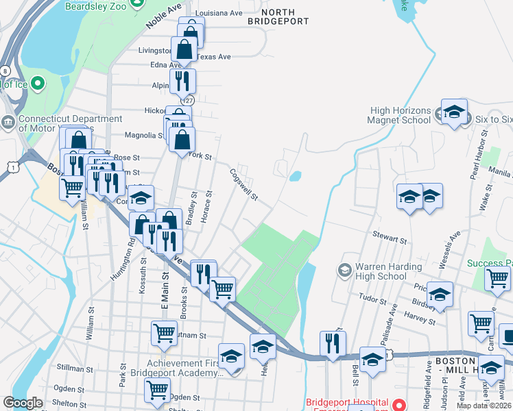 map of restaurants, bars, coffee shops, grocery stores, and more near 200 Cogswell Street in Bridgeport